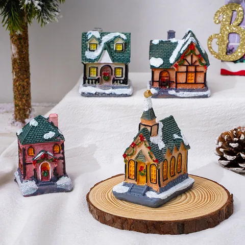 Christmas Luminous Resin Small House Ornament LED Light Up Snow Village Church Micro Landscape Holiday Tabletop Decor