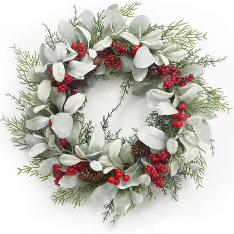 Artificial Christmas Wreath With Flocked Lamb Ear Leaves Red Berries Natural Pine Cones For Home Wedding Wall Decor