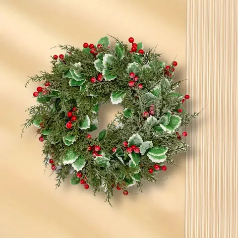 Ghirlanda di Natale Artificiale Con Bacche Rosse Aghi di Pino Brinati Foglie di Agrifoglio Per Porta D'ingresso Festa Decorazione Casa