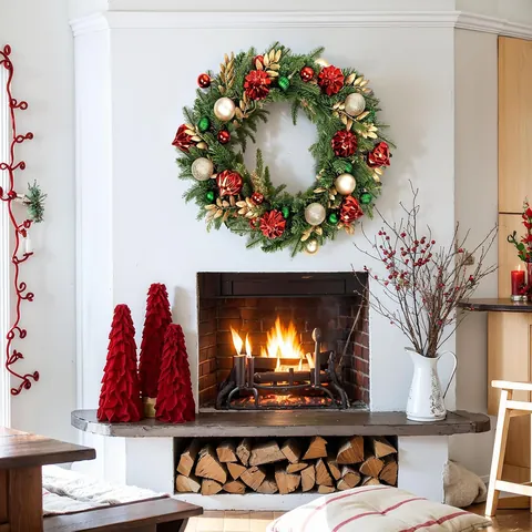 Künstlicher Weihnachtskranz Rote Kugel Geometrische Ornamente Grüne Kiefernnadel Goldblatt Für Haustür Wand Kamin Dekor