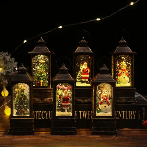 Christmas LED Light Up Water Lantern Retro Bronze Handheld Lamp With Santa Claus Snowman Christmas Tree Micro Landscape Ornament Holiday Home Decor