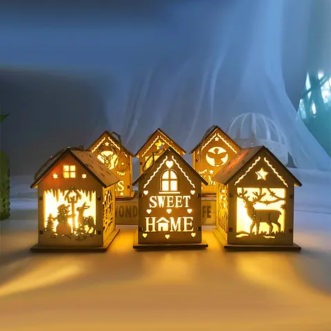 Wooden LED Christmas House Hanging Ornaments Laser Cut Luminous Snow House Night Light For Christmas Tree Decor Holiday Gift