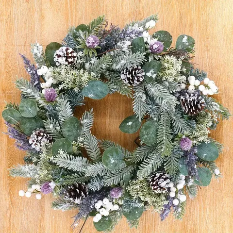 Artificial Christmas Wreath With Frosted Pine Needles Eucalyptus Leaves Natural Pine Cones White Berries For Front Door Decor