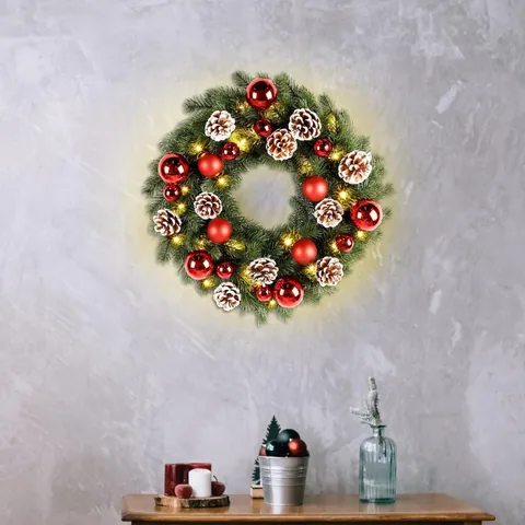 Corona de Navidad Artificial Con Bolas Rojas Piñas Luces LED Elegante Guirnalda de Pino Para Decoración de Pared y Puerta Hogar