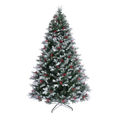 Árbol de Navidad Artificial Flocado Con Bayas Rojas Luces LED Agujas PE PVC Pino Nevado Para Decoración De Interiores Del Hogar Vacaciones