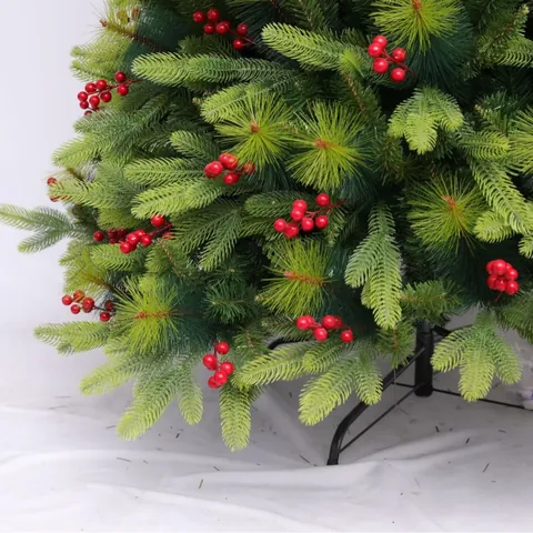 Árbol de Navidad Artificial Con Bayas Rojas Agujas de Pino PE Realistas Soporte de Metal Decoración de Navidad