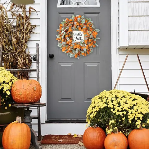 Künstlicher Lämmerohr Blatt Kranz Hello Fall Holzschild Orange Blätter Rote Beeren Erntedankfest Herbst Ernte Tür Deko
