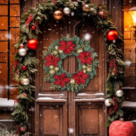 Artificial Christmas Wreath Red Poinsettia Flowers Gold Balls Green Pine Needles For Front Door Holiday Home Wall Decor