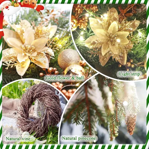 Artificial Christmas Wreath With LED Lights Gold Flowers Pine Cones Berries Holiday Decor For Front Door Wall Window Party