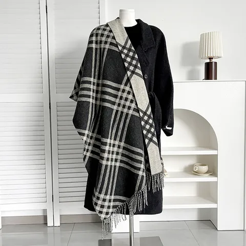 Elegant Plaid Scarf For Women Thick Warm Imitation Cashmere Shawl With Tassels Soft Checkered Wrap Winter Fall Accessories