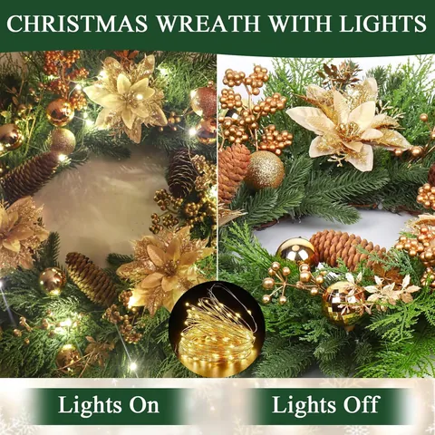 Artificial Christmas Wreath With LED Lights Gold Flowers Pine Cones Berries Holiday Decor For Front Door Wall Window Party