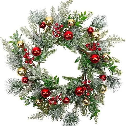 Künstlicher Weihnachtskranz Mit Rot Gold Kugeln Beeren Beflockt Schneebedeckte Kiefernadeln Für Innen Außen Hochzeit Haus Deko