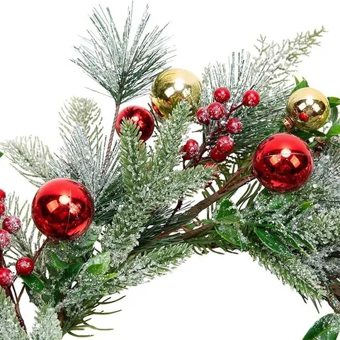 Künstlicher Weihnachtskranz Mit Rot Gold Kugeln Beeren Beflockt Schneebedeckte Kiefernadeln Für Innen Außen Hochzeit Haus Deko