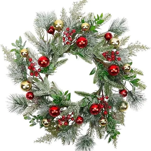 Ghirlanda di Natale Artificiale Con Palline Rosso Oro Bacche Aghi di Pino Innevati Per Interni Esterni Matrimonio Casa Decor
