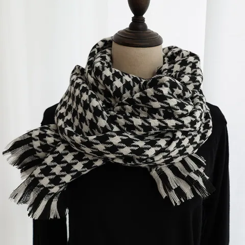 Women Classic Houndstooth Scarf Polyester Plaid Shawl With Tassel Fringe Soft Winter Autumn Thick Wrap Warm Fashion Scarf Accessories