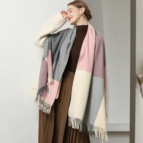 Women's Plaid Cashmere Blend Wool Scarf Soft Warm Winter Shawl Wrap Color Block Fashion Tassel Fringe Pashmina For Ladies