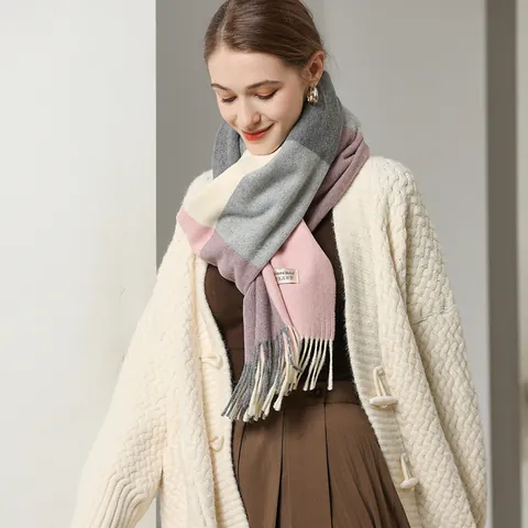 Women's Plaid Cashmere Blend Wool Scarf Soft Warm Winter Shawl Wrap Color Block Fashion Tassel Fringe Pashmina For Ladies