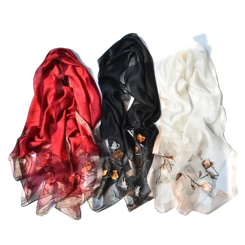 Women Silk Blend Scarf Floral Magnolia Butterfly Embroidery Long Shawl With Gold Metallic Edge Elegant Party Wrap Mother Gift