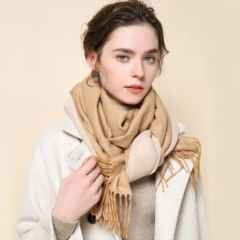 Women's Thick Winter Dual-Sided Scarf Pashmina Shawl Soft Imitation Cashmere Wrap With Tassel Solid Color Warm Neck Scarf