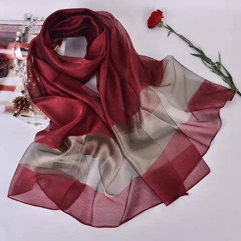 Women Mulberry Silk Cotton Blend Organza Scarf Sunscreen Beach Shawl Elegant Color Block Lightweight Stitched Wrap Scarf Accessory Gift