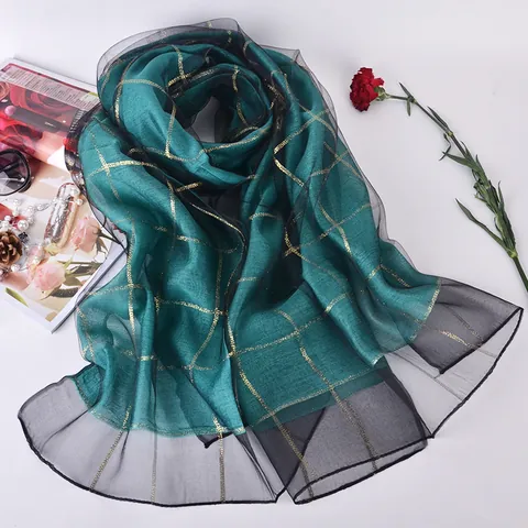 Women Mulberry Silk Scarf Elegant Gold Wire Checkered Shawl Lightweight Sun Protection Organza Double Layer Wrap Beach Scarf
