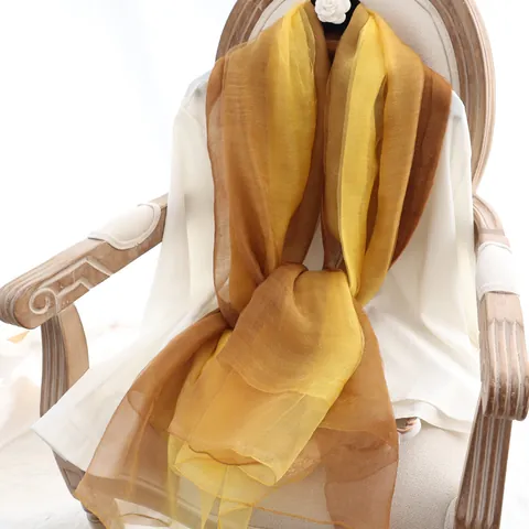 Women Elegant Gradient Silk Wool Scarf Long Lightweight Tie-dye Mulberry Silk Shawl For Spring Autumn Fashion Accessories
