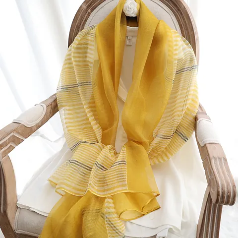 Elegant Wool Silk Scarf For Women Plaid Striped Lightweight Large Shawl Wrap For Spring Summer Office Daily Wear