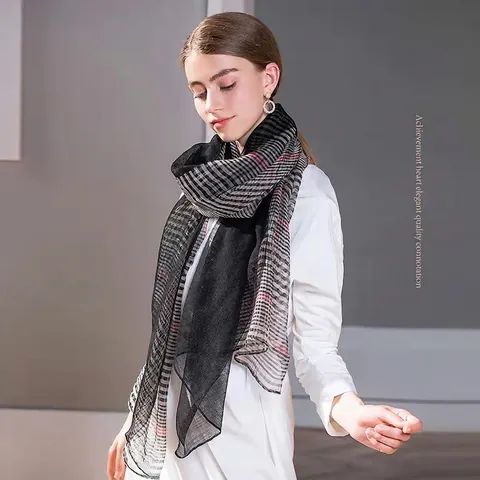 Elegant Wool Silk Scarf For Women Plaid Striped Lightweight Large Shawl Wrap For Spring Summer Office Daily Wear