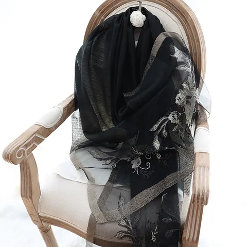 Women's Mulberry Silk Wool Blend Scarf Elegant Embroidery Floral Shawl Luxurious Translucent Warp Knitted Long Scarf Accessory