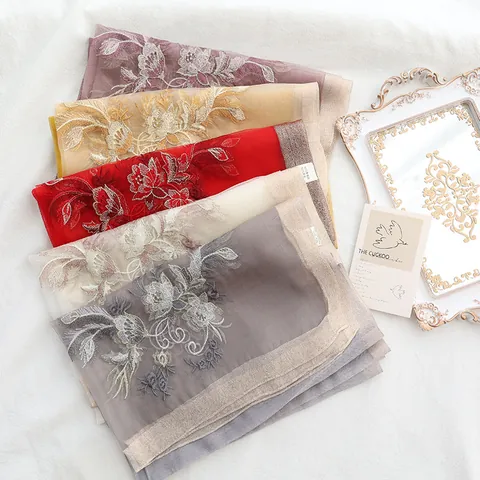 Women's Mulberry Silk Wool Blend Scarf Elegant Embroidery Floral Shawl Luxurious Translucent Warp Knitted Long Scarf Accessory