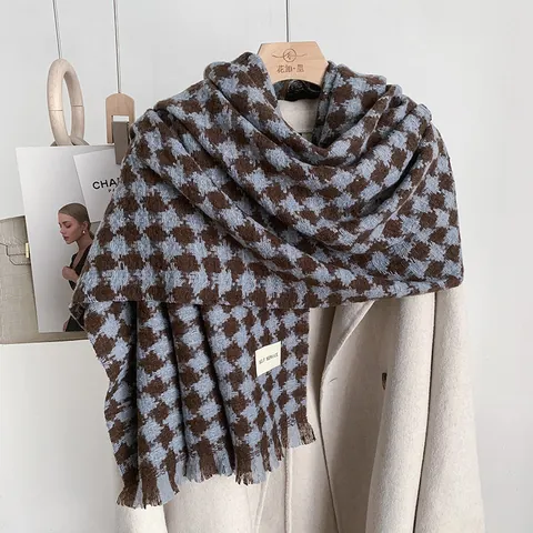 Women Winter Houndstooth Scarf Thick Warm Scarf With Tassel Letter Label Polyester Imitation Cashmere Fashion Shawl Wrap