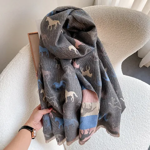 Dames Elegante Sjaal met Paardenpatroon Zachte Imitatie Kasjmier Omslagdoek Lange Winter Warme Wikkel Met Kwastjes Vintage Jacquard Accessoire