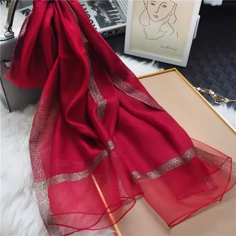 Womens Long Mulberry Silk Scarf Elegant Gold Trimmed Beaded Sheer Shawl Spring Summer Fashion Sun Protection Wrap