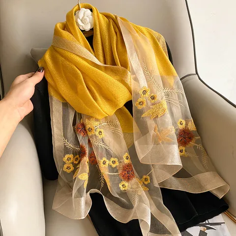 Mulberry Silk Wool Blend Floral Embroidery Scarf Elegant Long Shawl For Women Wedding Banquet Party Decorative Wrap