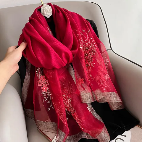 Écharpe en Mélange de Soie Vintage pour Femmes Broderie Florale Élégante Fleur 3D Châle Long pour Fête Formelle Mariage Accessoire Quotidien