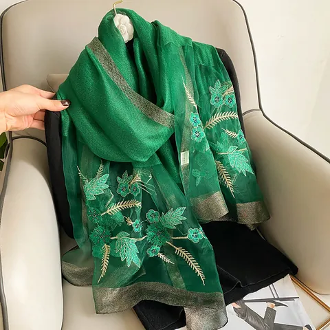 Mulberry Silk Wool Blend Floral Embroidery Scarf Elegant Long Shawl For Women Wedding Banquet Party Decorative Wrap