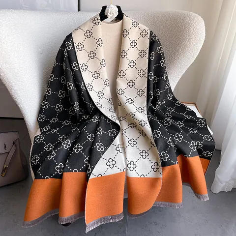Women Thickened Cashmere-like Scarf Winter Color Block Four-leaf Clover Geometric Pattern Shawl Wrap With Tassels Warm Polyester Scarf
