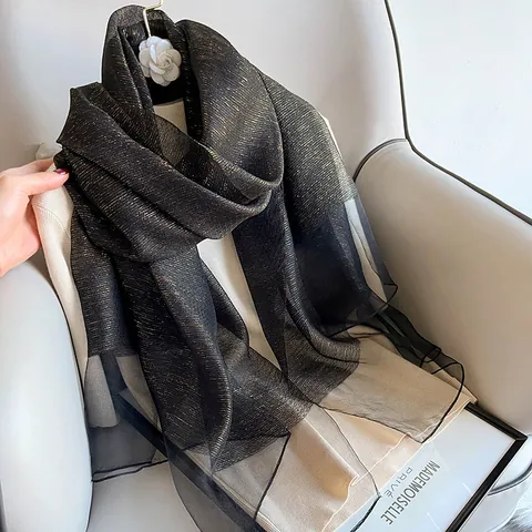 Elegant Silk Wool Blend Scarf For Women Embroidered Gold Thread Shawl Long Floral Wrap For Banquet Wedding Gift