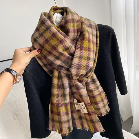 Women's Winter Thick Warm Plaid Scarf Retro British Style Tassel Shawl Wrap Soft Polyester Imitation Cashmere Large Scarf