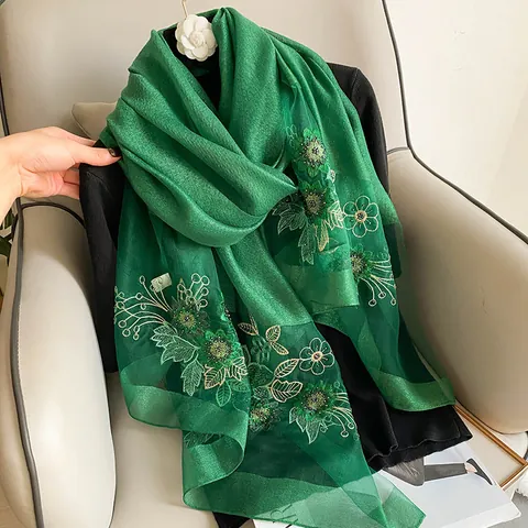 Women Silk Wool Blend Scarf Luxury Floral Embroidery Shawl Sequins Elegant Large Pashmina Wrap For Spring Autumn Accessories