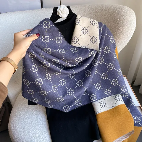 Women Thickened Cashmere-like Scarf Winter Color Block Four-leaf Clover Geometric Pattern Shawl Wrap With Tassels Warm Polyester Scarf