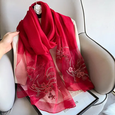 Women Silk Wool Blend Scarf Embroidered Floral Shawl Elegant Long Wrap Vintage Embroidery Silk Scarf For Wedding Party Daily