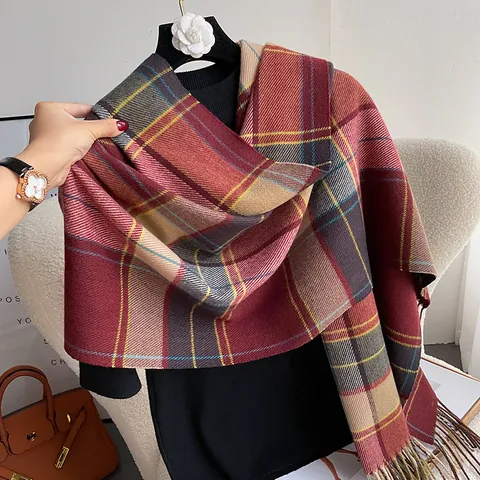 Women's Winter Thick Warm Plaid Scarf Retro British Style Tassel Shawl Wrap Soft Polyester Imitation Cashmere Large Scarf