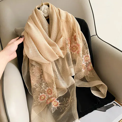 Women Silk Wool Blend Scarf Luxury Floral Embroidery Shawl Sequins Elegant Large Pashmina Wrap For Spring Autumn Accessories