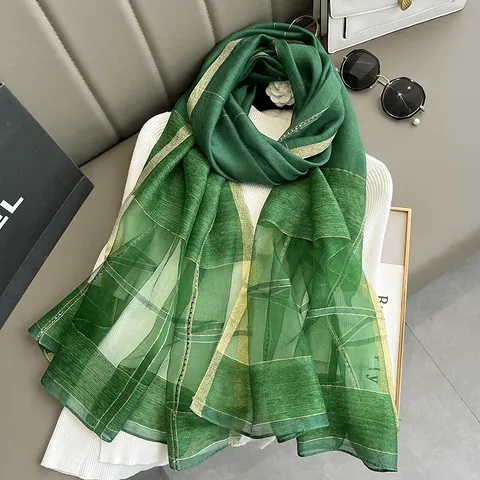 Elegante Sciarpa in Seta di Gelso da Donna Con Filo d'Oro a Quadretti Lungo Scialle Trasparente Ricamato per Primavera Autunno Festa Accessorio Quotidiano