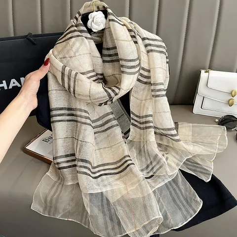 Luxury Mulberry Silk Blend Plaid Scarf For Women Vintage British Style Checkered Shawl With Gold Thread Embroidery Elegant Wrap Accessories