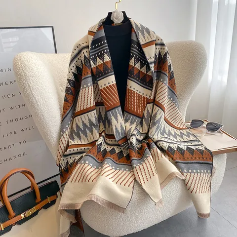 Sciarpa Boemia in Imitazione Cashmere a Doppia Faccia Motivo Geometrico Scialle Invernale Caldo Ispessito con Nappe per Donna