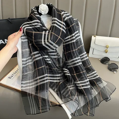 Luxury Mulberry Silk Blend Plaid Scarf For Women Vintage British Style Checkered Shawl With Gold Thread Embroidery Elegant Wrap Accessories