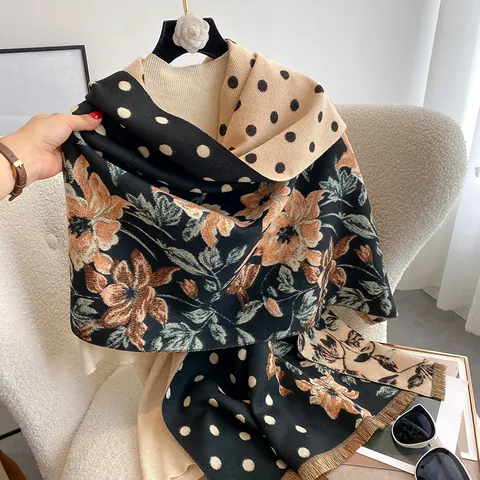 Sciarpa da Donna Vintage Etnica Floreale Scialle a Pois Doppia Faccia Con Nappine Calda in Fibra di Viscosa