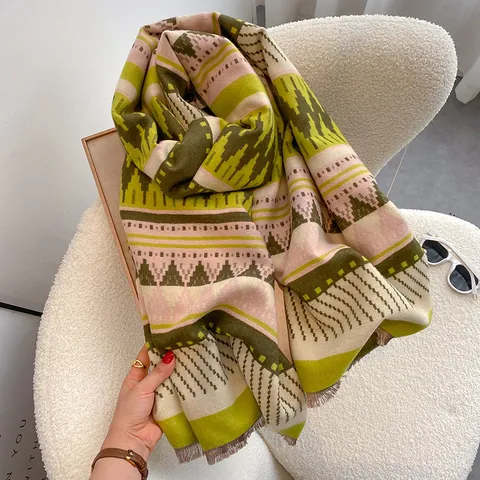 Sciarpa Boemia in Imitazione Cashmere a Doppia Faccia Motivo Geometrico Scialle Invernale Caldo Ispessito con Nappe per Donna
